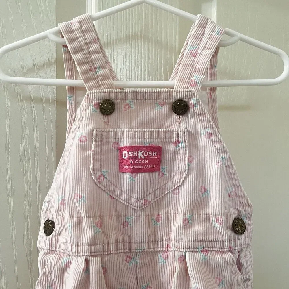 Vintage Oshkosh B'gosh Pink Floral Corduroy Overalls with Feet USA SZ 3-6 Months